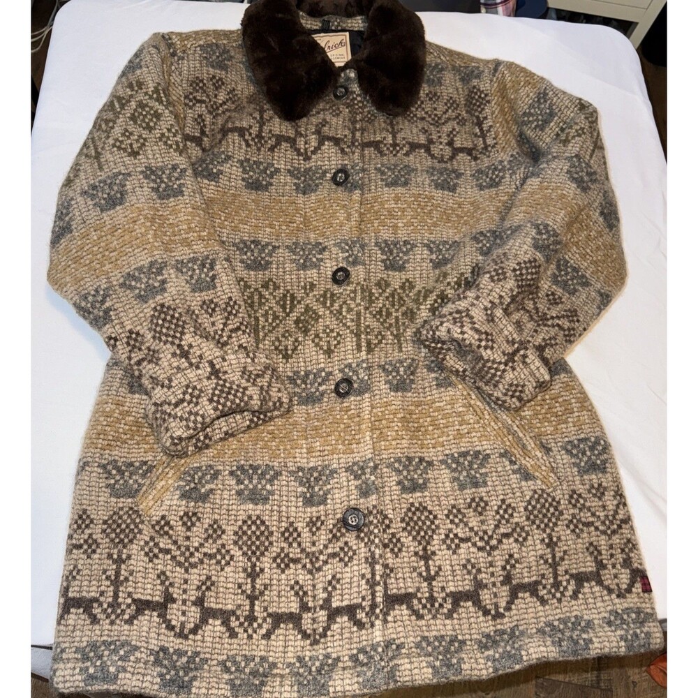 Womens VTG Woolrich Wool Indian Blanket Coat With Faux fur Collar Size L